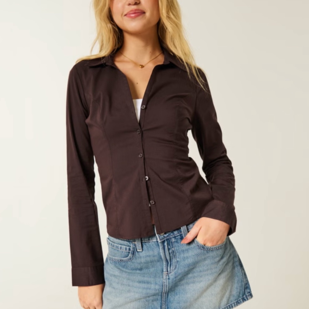 Hollister Stretch Poplin Button-Through Shirt Espresso Size S